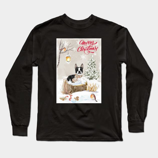 Boston Terrier Merry Christmas Santa Dog Long Sleeve T-Shirt by Puppy Eyes